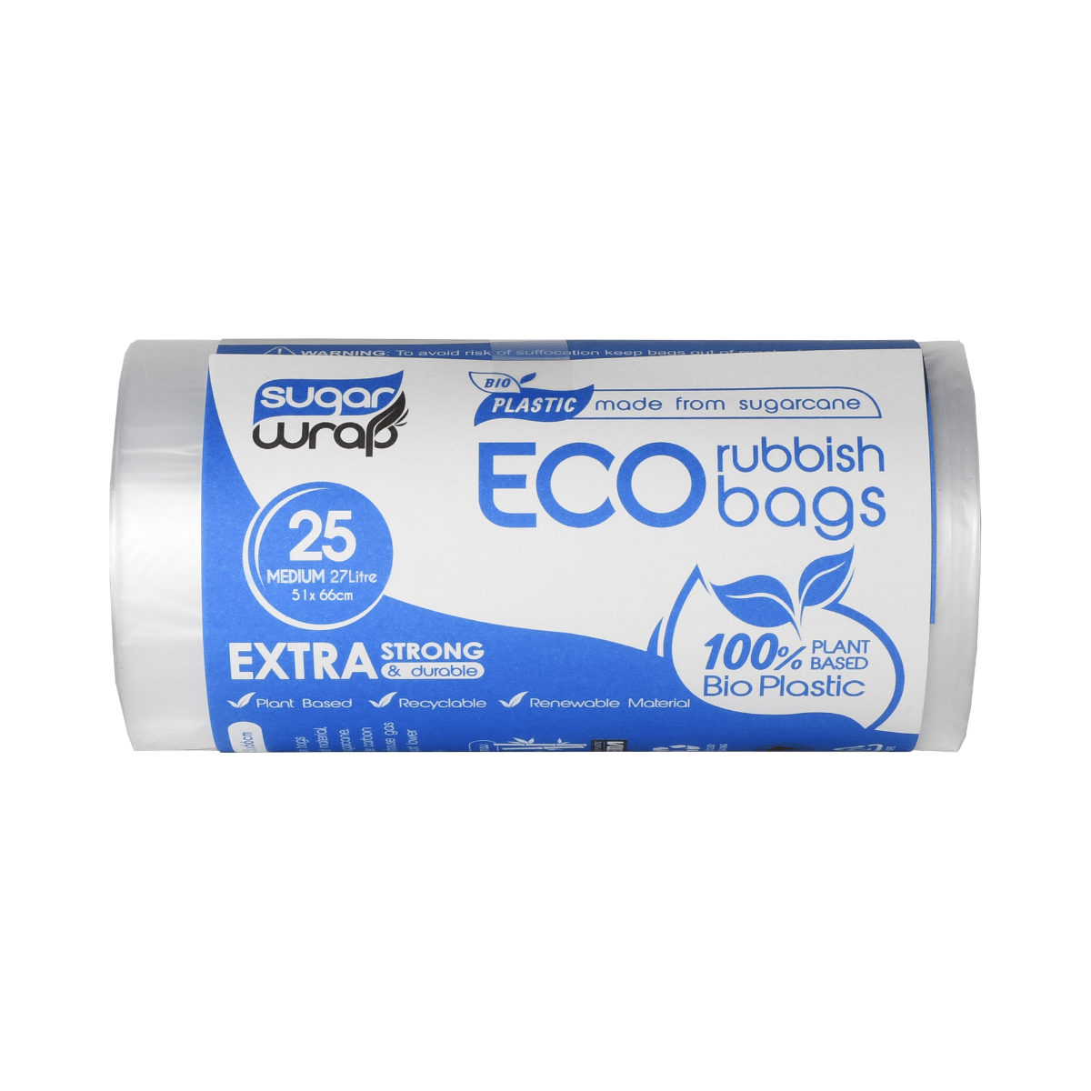 SugarWrap 27L Eco Rubbish Bags - SRT x 12 Medium Rolls (25/Roll)